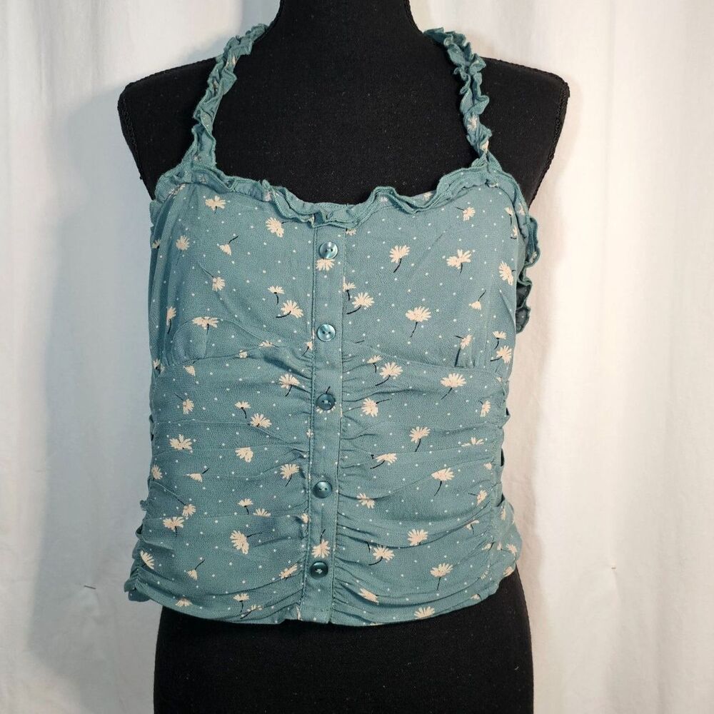 American Eagle Green Floral Crop Top Halter Pull On Shirt sz L